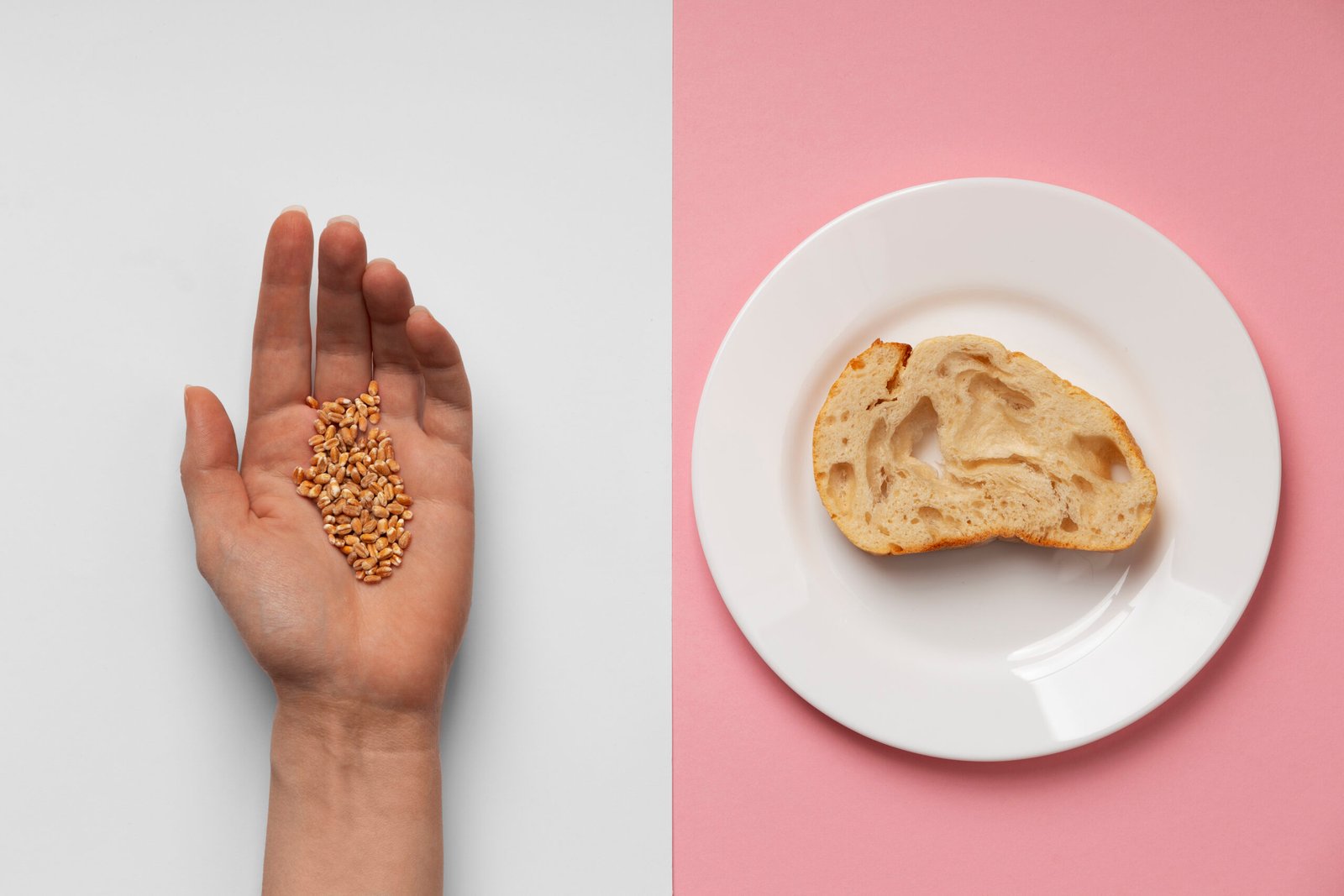Ziarna w dłoni i kromka chleba na talerzu — ilustracja dotycząca diety bez glutenu