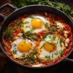 zdjęcie szakszuki na żeliwnej patelni, jajka ścięte na pomidorowym sosie, posypane zielonymi dodatkami