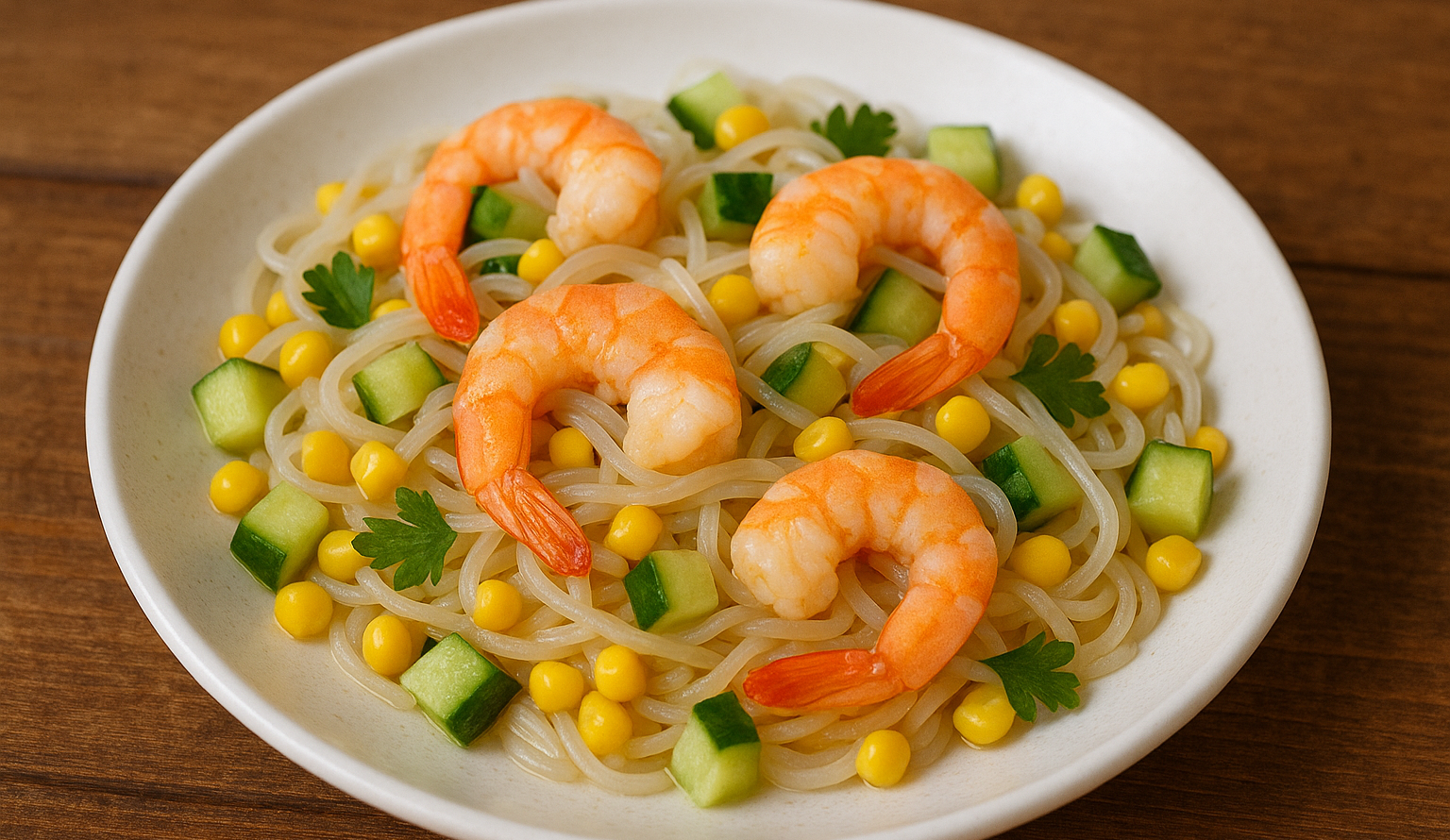 zdjęcie sałatki z makaronem ryżowym bez glutenu z dodatkiem pokrojonego w kostkę ogórka, kukurydzy konserwowej oraz czterech krewetek