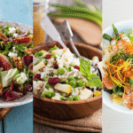 Trzy sałatki bezglutenowe na imprezę: sałatka z figami, serem kozim i orzechami, sałatka ryżowa z jabłkiem, groszkiem i żurawiną oraz sałatka z krewetkami w stylu azjatyckim.