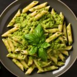 zdjęcie makaronu kukurydzianego "pióra" z dodatkiem zielonego pesto i udekorowany pęczkiem bazylii w ciemnej misce na czarnym tle