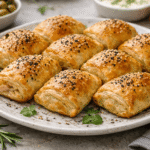 Wytrawne przekąski z bezglutenowego ciasta francuskiego – zamknięte roladki z serem i warzywami, ułożone nieregularnie na ceramicznym talerzu, podane w naturalnym świetle.