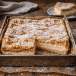 Bezglutenowa karpatka upieczona w kwadratowej blaszce, z puszystym ciastem parzonym i kremem budyniowym, podana w domowym otoczeniu.