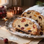 Bezglutenowy keks z bakaliami oprószony cukrem pudrem, przekrojony na pół i podany na metalowej paterze, z widocznymi orzechami, żurawiną i suszonymi owocami.