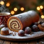 Bezglutenowy makowiec zawijany posypany cukrem pudrem, podany na drewnianej desce w świątecznej aranżacji, z widoczną spiralą maku, w tle filiżanka gorącej herbaty i rozmyte świąteczne światełka.