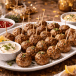 Mini pulpeciki imprezowe podane na białej paterze z wykałaczkami, sosami do maczania i cytryną, ustawione na sylwestrowym stole w domowym klimacie.