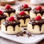 Mini serniczki bezglutenowe bez spodu z kremową masą z sera z wiaderka, polane gorzką czekoladą, podane na domowym stole w naturalnym świetle.