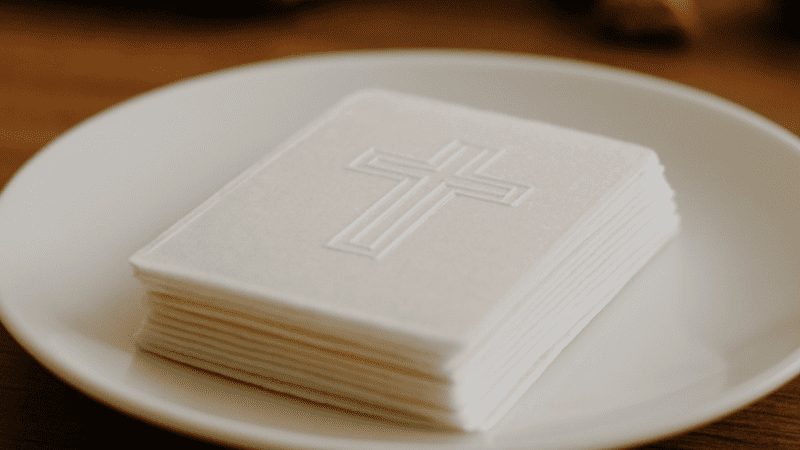 Opłatek wigilijny ułożony na białym talerzu w domowym otoczeniu, sfotografowany na drewnianym stole przy naturalnym świetle.