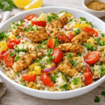 Bezglutenowa sałatka z kurczakiem w stylu gyros z makaronem ryżowym, warzywami i kremowym sosem, podana w misce na drewnianym stole.