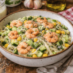 bezglutenowa sałatka z makaronem ryżowym i krewetkami podana w jasnym talerzu na tle drewnianego domowego stołu