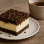 Bezglutenowy sernik królewski z kakaowym spodem i kruszonką, podany nieidealnie na talerzyku przy filiżance herbaty, na drewnianym stole w domowym wnętrzu.