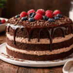 Tort bezglutenowy czekoladowy z biszkoptem i kremem, udekorowany polewą czekoladową i owocami