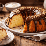 Bezglutenowa babka jogurtowa z polewą czekoladową, przekrojona i podana na talerzu w domowym otoczeniu, wilgotna babka bez glutenu w poziomym kadrze