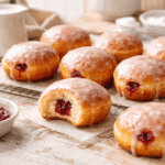 Bezglutenowe pączki pieczone z lukrem i owocowym nadzieniem, ułożone na kratce w domowej kuchni, puszyste pączki bez glutenu w poziomym kadrze