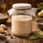 Domowy bezglutenowy zakwas na żurek w szklanym słoiku, otoczony mąką gryczaną, czosnkiem i przyprawami, przygotowany na wielkanocny żurek