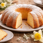 Bezglutenowa babka majonezowa posypana cukrem pudrem na talerzu, wiosenne domowe otoczenie, wilgotny i puszysty wypiek.