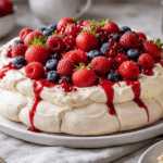 Beza pavlova bezglutenowa z kremem i świeżymi owocami na domowym stole, chrupiący tort bezowy w naturalnym świetle.