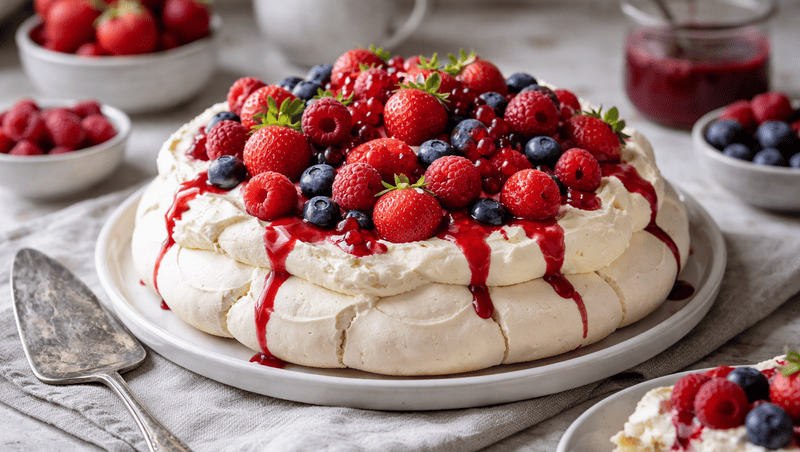 Beza pavlova bezglutenowa z kremem i świeżymi owocami na domowym stole, chrupiący tort bezowy w naturalnym świetle.
