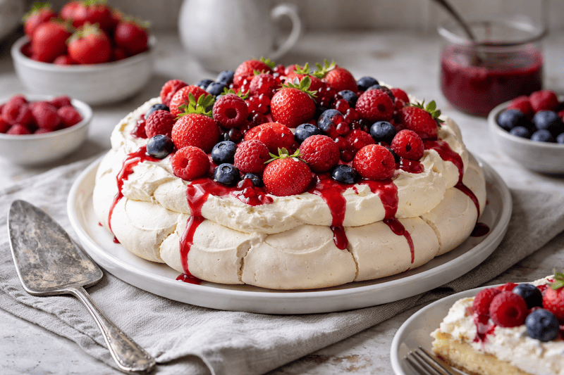 Beza pavlova bezglutenowa z kremem i świeżymi owocami na domowym stole, chrupiący tort bezowy w naturalnym świetle.
