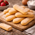 Jasne biszkopty ułożone w stos na drewnianej desce, lekko oprószone cukrem, widoczne okruszki, w tle miseczka z truskawkami i kuchenne akcesoria w domowym otoczeniu.