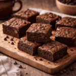 Kostki ciasta brownie z kawałkami czekolady ułożone na drewnianej desce, widoczne okruszki i czekoladowe kropelki, ciepłe naturalne światło w domowej kuchni.