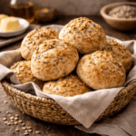 Koszyk domowych bułek bezglutenowych z ziarnami, ułożonych na lnianej ściereczce na drewnianym blacie, miękkie naturalne światło, nieidealna domowa aranżacja.