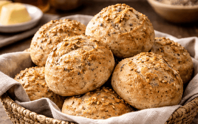 Koszyk domowych bułek bezglutenowych z ziarnami, ułożonych na lnianej ściereczce na drewnianym blacie, miękkie naturalne światło, nieidealna domowa aranżacja.