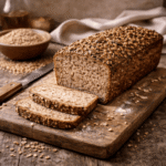 Domowy chleb gryczany z ziarnami, częściowo pokrojony na drewnianej desce, widoczne okruchy i ziarna gryki, rustykalne kuchenne tło.