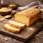 Złocisty chleb kukurydziany z chrupiącą skórką i jasnym wnętrzem, pokrojony na kromki na drewnianej desce, domowe otoczenie kuchenne.