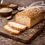 Domowy chleb owsiany posypany płatkami, leżący na drewnianej desce, obok rozsypane płatki owsiane, naturalne światło i rustykalny klimat.