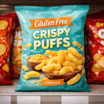 Paczka bezglutenowych chrupek na sklepowej półce, kolorowe opakowanie z widocznymi chrupkami, otoczenie sklepu spożywczego