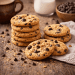 Okrągłe ciastka z kawałkami czekolady ułożone na drewnianym blacie, część w stosie, część luźno, rozsypane okruszki i filiżanka w tle.