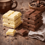 Kostki białej i mlecznej czekolady ułożone w dwóch stosach na drewnianym stole, naturalne światło, drobne okruszki i domowe dodatki w tle.