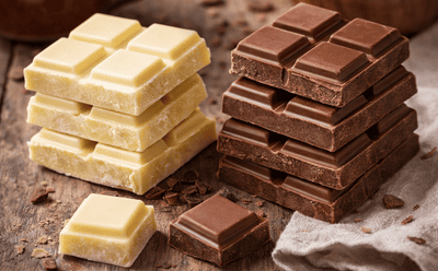 Kostki białej i mlecznej czekolady ułożone w dwóch stosach na drewnianym stole, naturalne światło, drobne okruszki i domowe dodatki w tle.