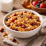 Biała miseczka wypełniona granolą z orzechami i suszonymi owocami stojąca na drewnianym stole, obok łyżka, mleko i owoce, domowe otoczenie.