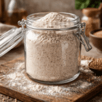 Przezroczysty szklany słoik wypełniony jasnobrązową mąką gryczaną stoi na drewnianej desce w domowej kuchni, wokół rozsypana mąka i ziarna gryki, miękkie naturalne światło.
