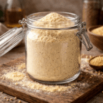 Przezroczysty słoik wypełniony jasnożółtą mąką jaglaną stoi na drewnianej desce w domowym otoczeniu, widoczne rozsypane ziarna prosa i kuchenne akcesoria w tle.