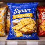 Paczka krakersów ustawiona na sklepowej półce wśród innych przekąsek, widoczne prostokątne krakersy na opakowaniu, realistyczne sklepowe oświetlenie.