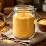 Szklany słoik z intensywnie żółtą mąką kukurydzianą ustawiony na rustykalnym blacie kuchennym, obok ziarna kukurydzy i drewniana miseczka, zdjęcie poziome w naturalnym świetle.