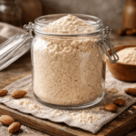 Szklany słoik z jasnobeżową mąką migdałową na kuchennym blacie, wokół rozsypane migdały i mąka, ciepłe naturalne światło i lekko nieuporządkowana domowa sceneria.