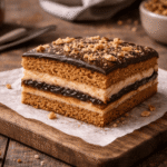 bezglutenowy miodownik – warstwowe ciasto miodowe z kremem budyniowym i powidłami