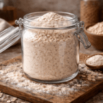 Przezroczysty słoik wypełniony lekko beżową mąką owsianą stoi na drewnianej desce, obok płatki owsiane i drewniana łyżka, przytulne domowe otoczenie, zdjęcie poziome.