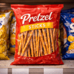 Paczka paluszków solonych stojąca na sklepowej półce, smukłe paluszki widoczne na opakowaniu, lekko nieidealne ułożenie w otoczeniu sklepowym.