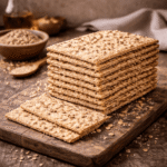 Stos prostokątnych kromek pieczywa chrupkiego z ziarnami na drewnianej desce, rozsypane nasiona i lniana ściereczka w tle, domowe otoczenie.