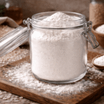 Szklany słoik z bardzo białą, drobno zmieloną mąką ryżową na rustykalnym blacie kuchennym, wokół rozsypana mąka i ziarna ryżu, jasne naturalne światło podkreślające biel.