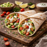 Zawinięte tortille z kurczakiem, warzywami i sosem, podane na drewnianej desce, widoczne świeże składniki i nieidealna domowa stylizacja.