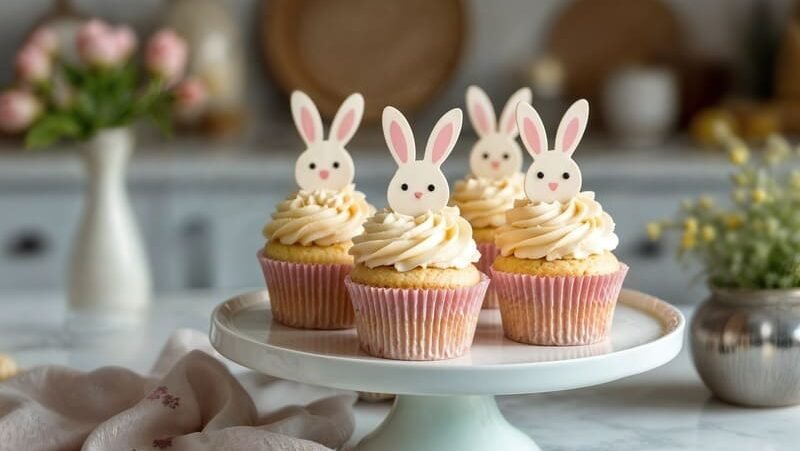 Bezglutenowe babeczki wielkanocne z kremem i dekoracją króliczków, podane na paterze w jasnym, domowym otoczeniu