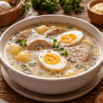 Bezglutenowy barszcz biały z białą kiełbasą, jajkiem i ziemniakami podany w misce na drewnianym stole, w domowym, wielkanocnym otoczeniu