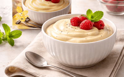 Budyń bezglutenowy waniliowy w miseczce z malinami na jasnym stole w domowej kuchni, w tle rozmyte opakowanie produktu i mleko