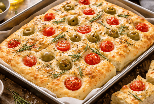 Bezglutenowa focaccia z oliwą, oliwkami, rozmarynem i pomidorkami koktajlowymi, świeżo upieczona na blaszce w domowym, naturalnym otoczeniu